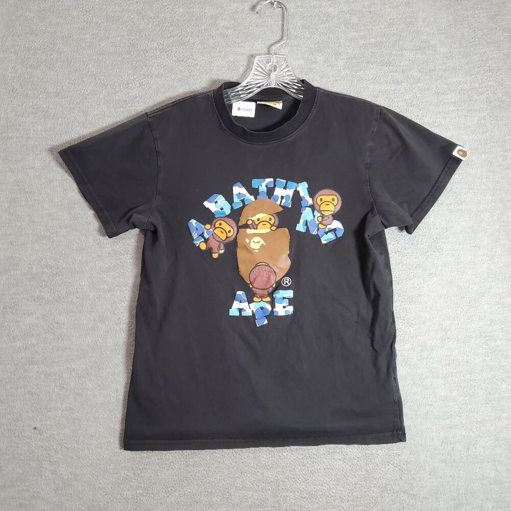 A Bathing Ape Men Shirt Medium‎ Black Camo 4 Monkeys Logo Graphic Print Tee